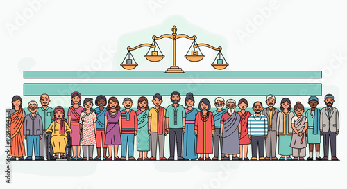 Diverse group of people of various ages, genders, and ethnicities standing together under a scale of justice, symbolizing equality and fairness.
