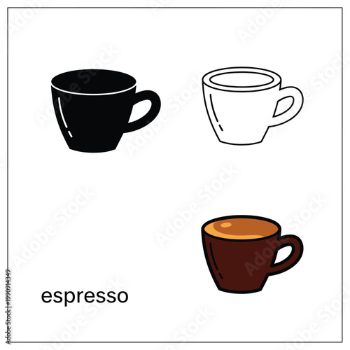 Espresso cup vector illustration set black outline and cartoon style isolated on background.