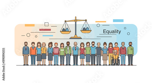 Diverse group of people of various ages, genders, ethnicities, and abilities standing together under a scale of justice symbolizing equality.