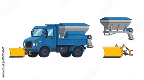 Blue snowplow truck with salt spreader and yellow plow attachments illustration.