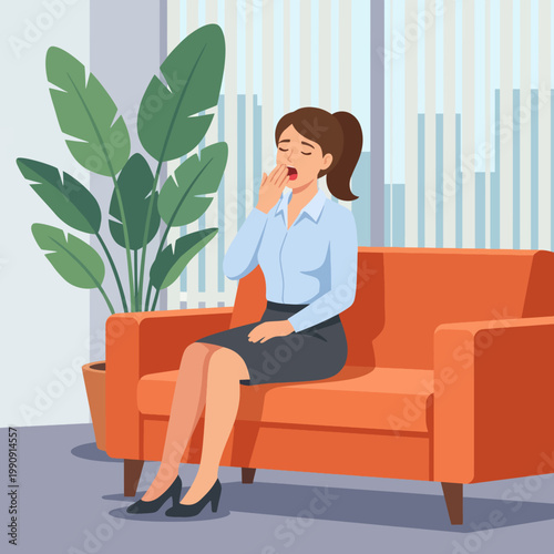 A weary woman yawns while seated in a modern waiting room, reflecting the universal feeling of fatigue and the importance of self-care in busy lifestyles.