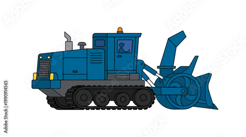 Cartoon blue tracked snow blower vehicle with driver heavy winter machinery illustration.