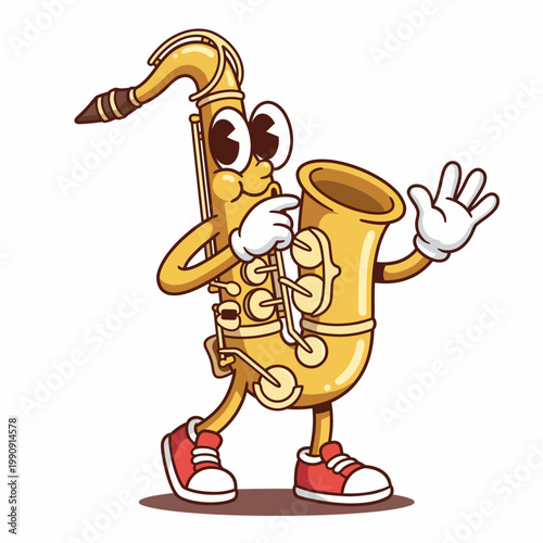 Photos A charming saxophone character walks playfully, bringing to life the joy of music with its animated expression and engaging personality in a colorful artistic style