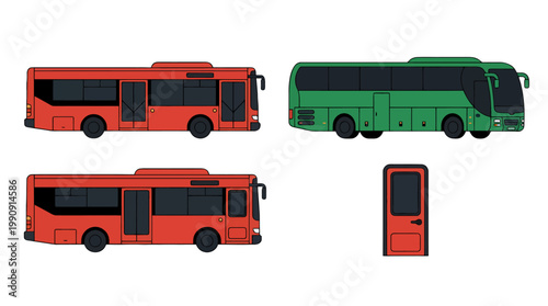 Set of public transport buses including red and green city and coach vehicles.