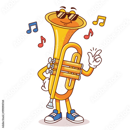 A cheerful cartoon tuba character wearing sunglasses and creating music notes, embodying joy, fun, and musicality in a vibrant, playful design style.