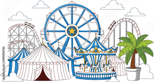Amusement Park Scene with Ferris Wheel Roller Coaster Carousel Circus Tents and Palm Tree Vector Illustration