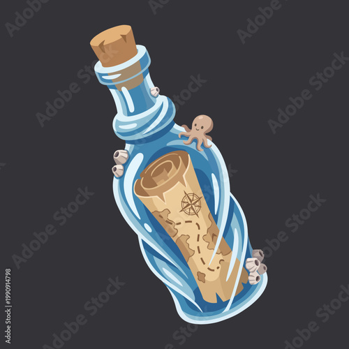 An enchanting illustration depicting a bottle with a rolled-up message and an octopus, symbolizing adventure, mystery, and the wonders of the ocean.