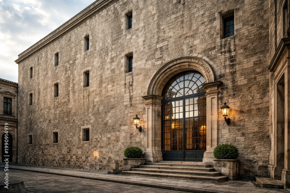 Fototapeta premium Historic edifice with minimal window openings and one classic glass pane