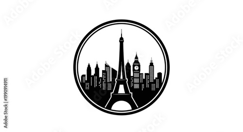 Black and white Paris cityscape logo.