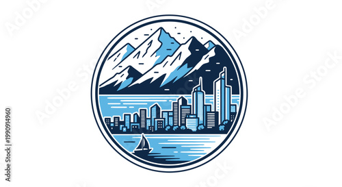 Cityscape with mountains and water.