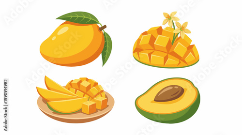 An artistic representation of delicious mangoes and avocados in different forms, showcasing their sweetness and creamy texture, popular in culinary delights and healthy eating.