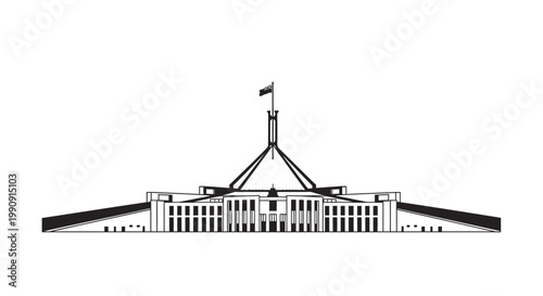 Black and white illustration of Australian Parliament House in Canberra.