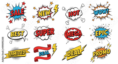 Comic Book Speech Bubbles: Sale, New, Hot, Best, Super, Mega, Promo