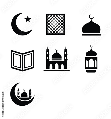Collection of islamic symbols and icons including crescent moon, mosque, holy book, and lantern.