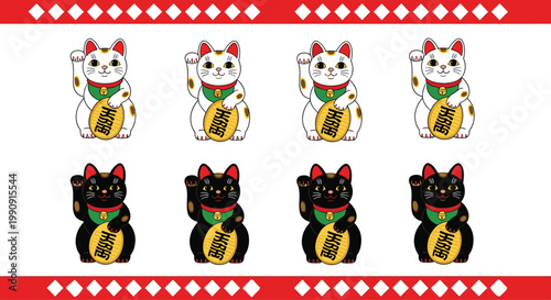 Maneki‑neko Lucky Cat Vector Collection Featuring White and Black Variations with Gold Coins and Green Bibs for Cultural and Branding Designs