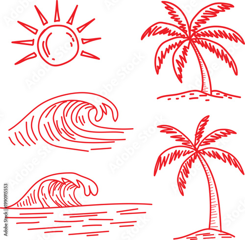 A delightful and versatile vector illustration showcases a charming collection of hand-drawn red outline elements, perfectly capturing the idyllic spirit of a tropical escape or summer vacation; promi