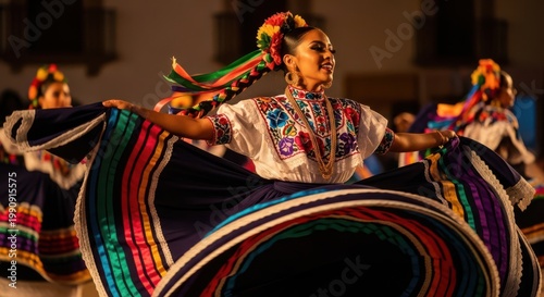 Woman in traditional mexican dress dancing Cino de Mayo