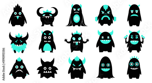 Set of 15 Cute Cartoon Monsters, Funny Characters, Black and Teal Colors