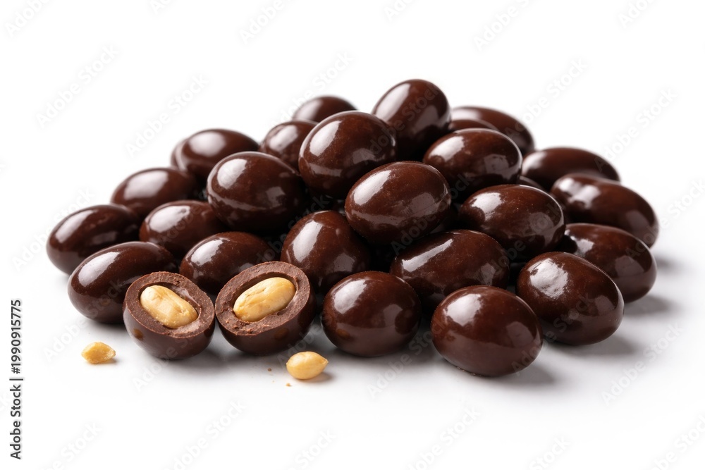 Obraz premium Dark chocolate enrobed peanuts arranged on a clean white backdrop with copy space
