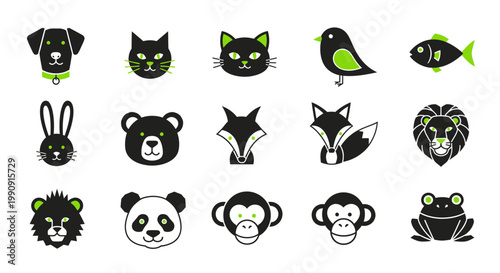 Cute Animal Icons Set: Dog, Cat, Bird, Fish, Rabbit, Bear, Fox, Lion, Panda