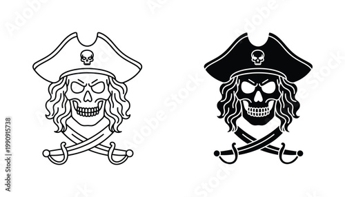 Pirate skull with eyepatch and crossed swords emblem as a bold nautical graphic icon for adventure themes and character design