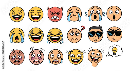 Collection of Diverse Emoji Faces Expressing Various Emotions