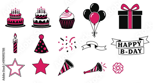 Birthday Celebration Icons: Cakes, Balloons, Gift, Party Hat, Confetti, Horn