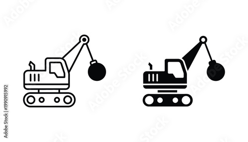 Construction excavator with wrecking ball vector icon for heavy machinery and building demolition services