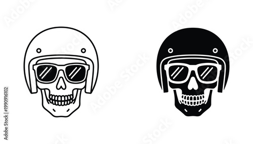 Skull wearing motorcycle helmet and sunglasses icon set in line art and solid black graphic style for biker culture and edgy design