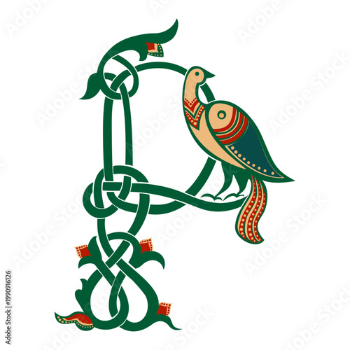 Vector drop cap. Capital letter P isolated on white. English letter P with Russian ornament. For a fabulous design. Making books with fairy tales. Fabulous cartoon bird. Floral Alphabet. 