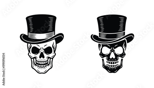 Skull wearing top hat icon set in clean line art and solid black graphic style for vintage fashion and gothic aesthetic design projects