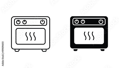 Kitchen appliance oven icon with heating waves for cooking and household equipment websites in linear and solid vector design styles
