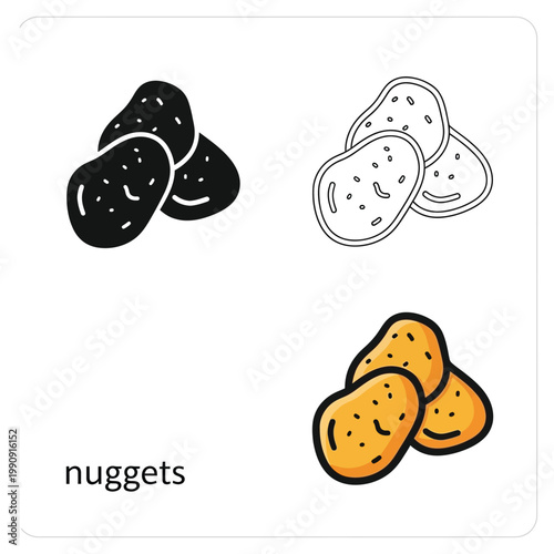 Potato nuggets icon set in flat design and outline styles isolated on white background.