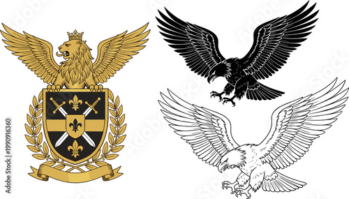 Heraldic Eagle and Griffin Crest Vector Illustration Set with Royal Coat of Arms, Flying Eagle Silhouettes, and Vintage Emblem Designs for Luxury Branding