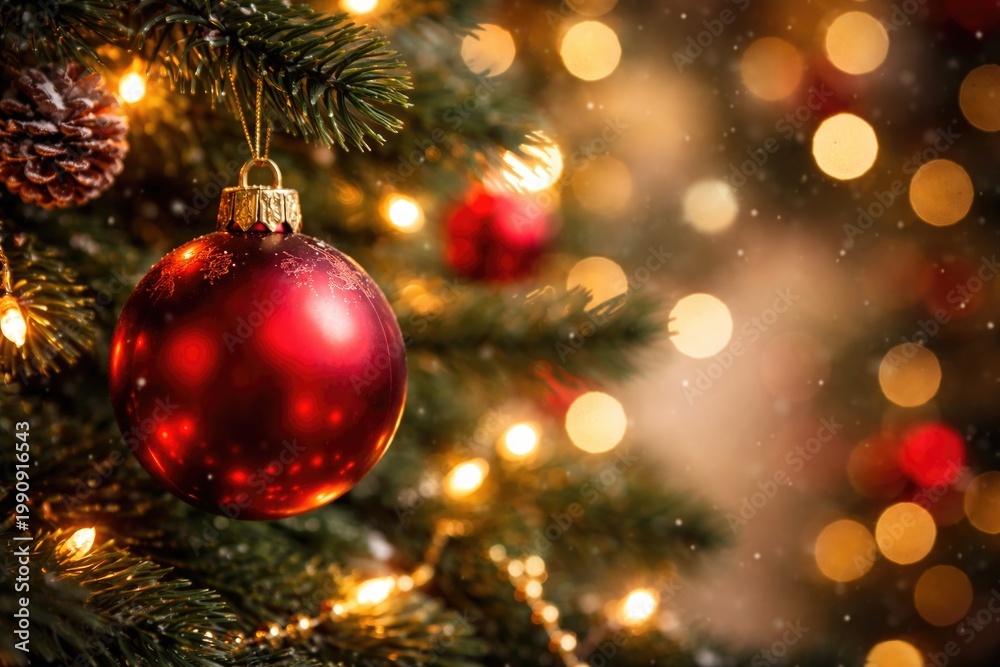 Fototapeta premium Macro view of Christmas bauble on tree with vibrant festive background and copy space