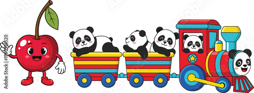 Cute Cartoon Cherry Character and Panda Train Toy with Multiple Panda Cubs Vector Illustration Set