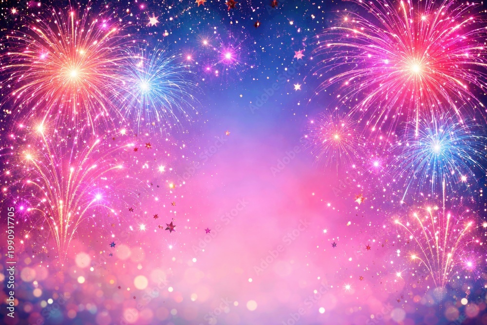 Fototapeta premium Festive colorful fireworks and star confetti on a vibrant pink blue background with copy space for text