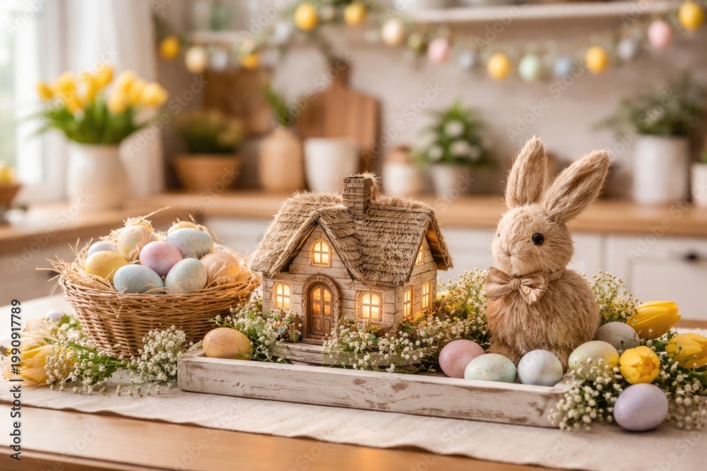 Fototapeta premium Inviting kitchen setup with a miniature house, festive Easter eggs, and a rabbit decoration