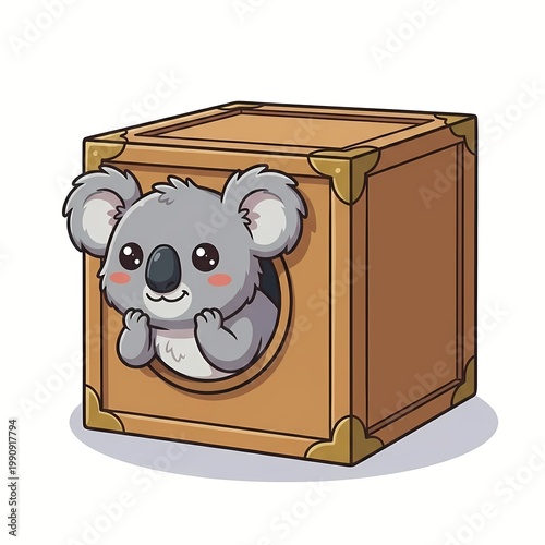 Cute Kawaii Koala Peeking Out of a Wooden Box - Chibi Surprise and Hide and Seek Concept Vector Illustration