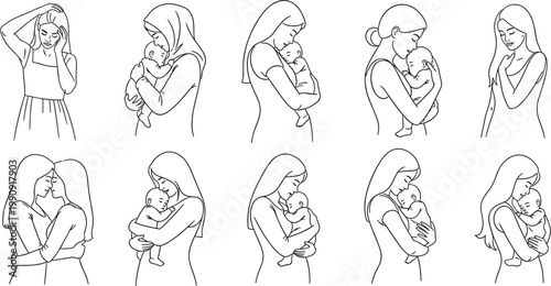 "Set of Mother and Baby Icons Featuring Diverse Caring and Bonding Poses for Family, Parenting, and Maternity Design Projects"