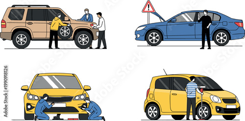 Car repair and maintenance scenes with mechanics fixing vehicles, changing tires, and roadside assistance in flat vector illustration set