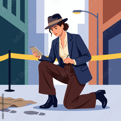 A determined female detective kneels at a crime scene, taking notes and revealing her commitment to justice and the meticulous nature of investigative work.