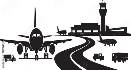 Airplane on transparent background with airport terminal and vehicles, Black silhouette graphic