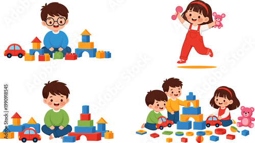 Kids Playing with Toys Vector Illustration Set with Children Building Blocks, Playing Cars, and Fun Activities for Education, Preschool, and Childhood Development Designs
