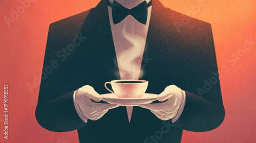 A formally dressed butler in white gloves presents a steaming cup of coffee on a saucer.