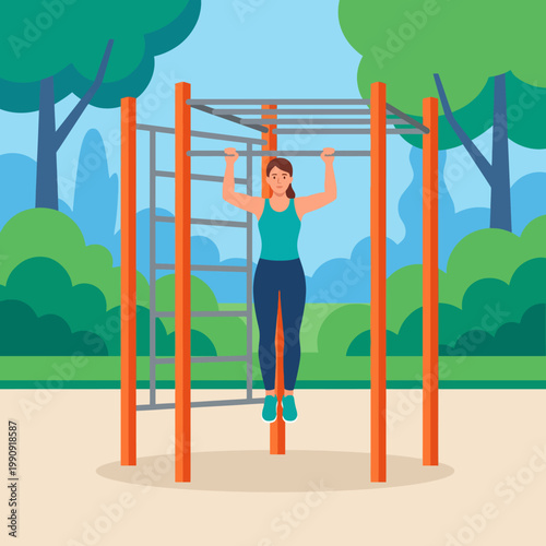 A woman confidently performs a pull-up on a vibrant outdoor fitness structure surrounded by lush greenery, embodying strength and determination in a park setting.