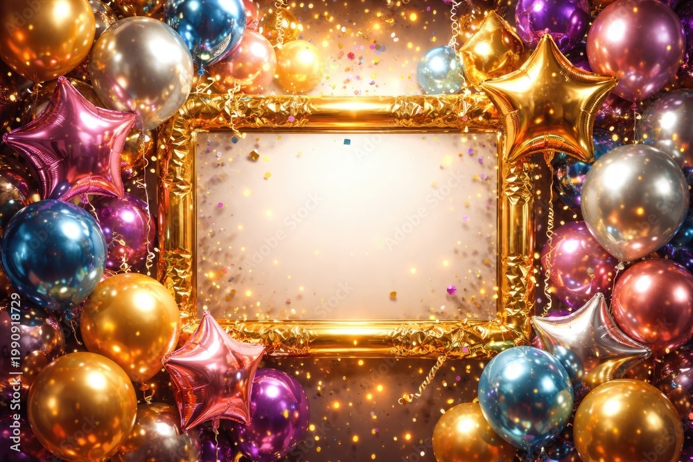 Fototapeta premium Festive celebration with shiny foil balloons around a decorative frame