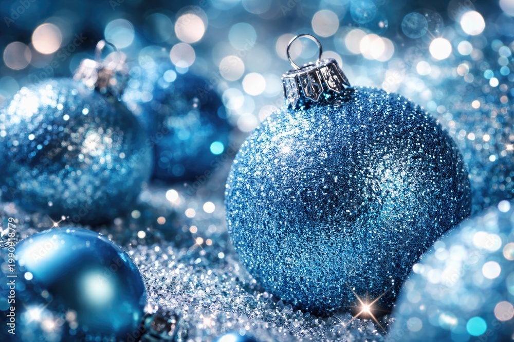 Fototapeta premium Macro view of sparkling azure festive ornaments surrounded by blurred light bokeh for holiday decor