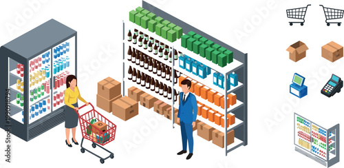 Supermarket shopping scene with customers, grocery shelves, refrigerator display, and retail elements in isometric vector illustration set