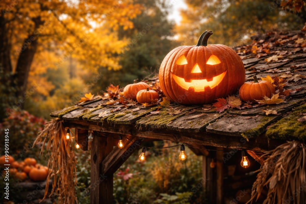 Fototapeta premium Cheerful carved pumpkin sitting on rustic garden shelter roof in autumn